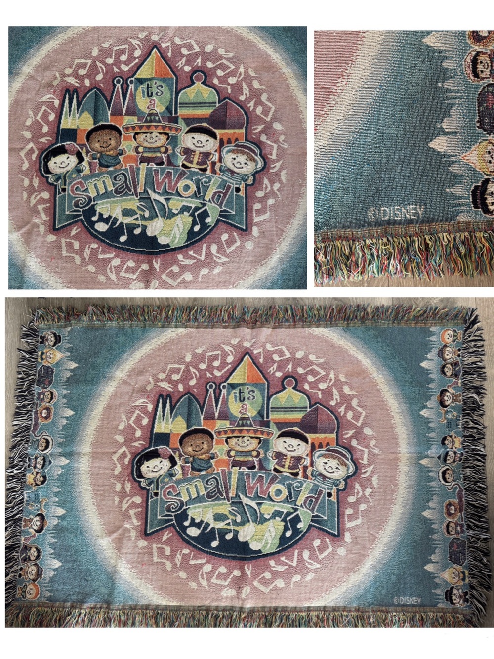 Disney It’s a Small World Woven Tapestry Afghan Throw Blanket Fringe Vintage